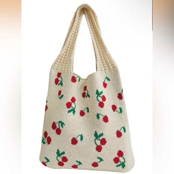 Handbags - Crotchet Cherry Patterned Cream Tote Bag